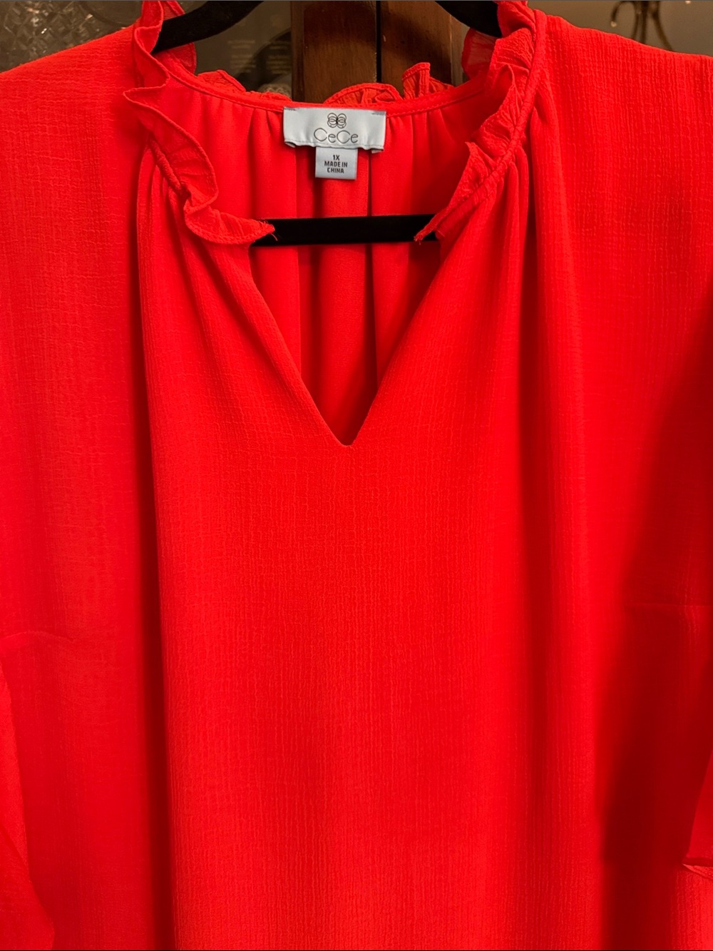 CeCe Bright Red Ruffle V-Neck Blouse - Picture 3 of 10